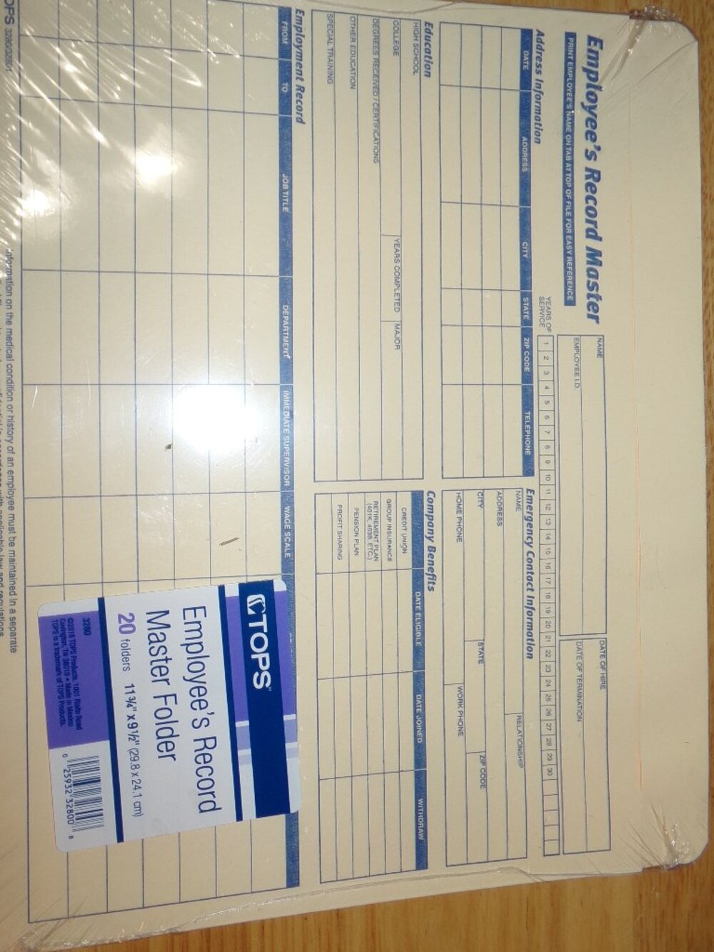 TOPS Office Supplies Employee's Record Master Folder 20 folder